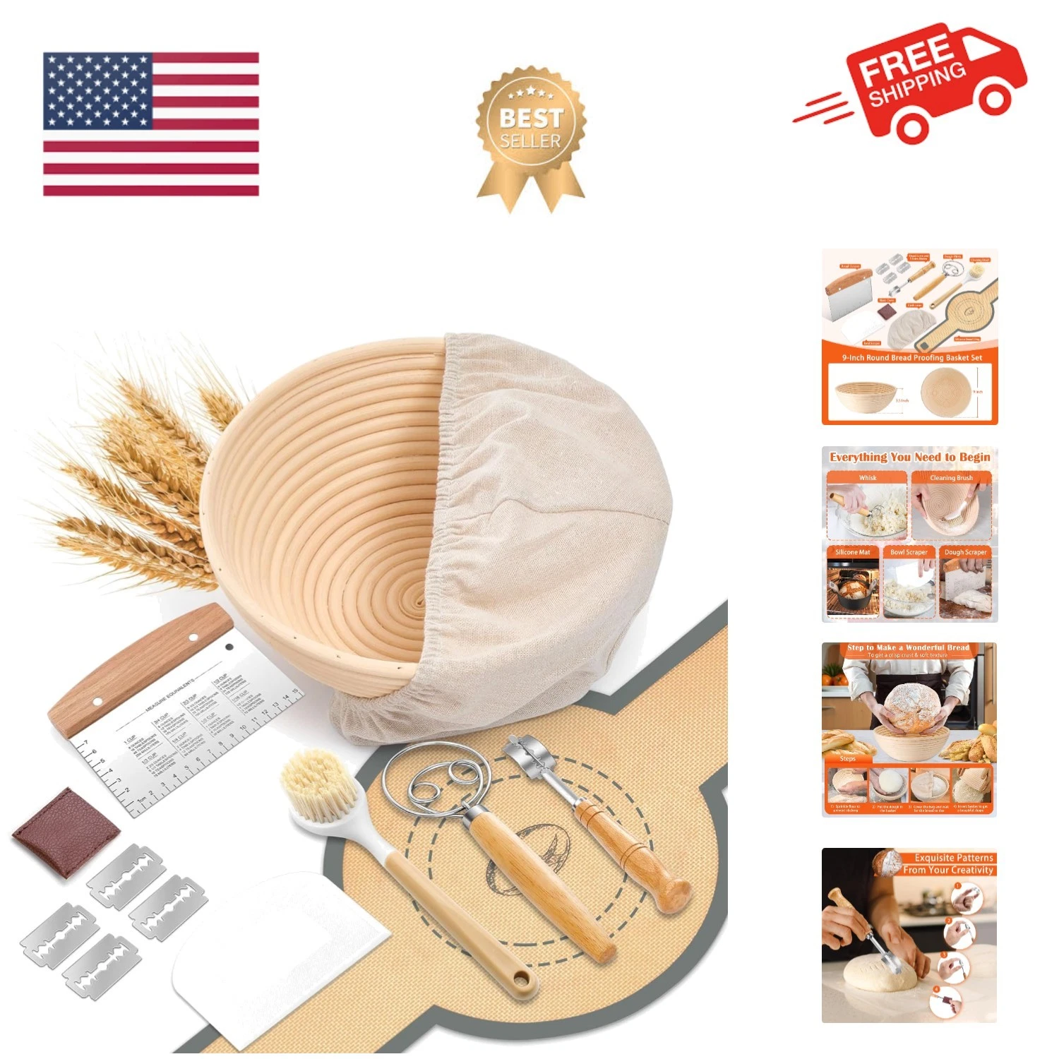 Complete Sourdough Starter Kit, Sourdough Bread Baking Supplies Set, 9'' Roun...