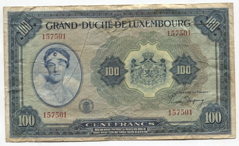 Luxembourg 1944 100 Francs Banknote Pick#47a Fine See Scans