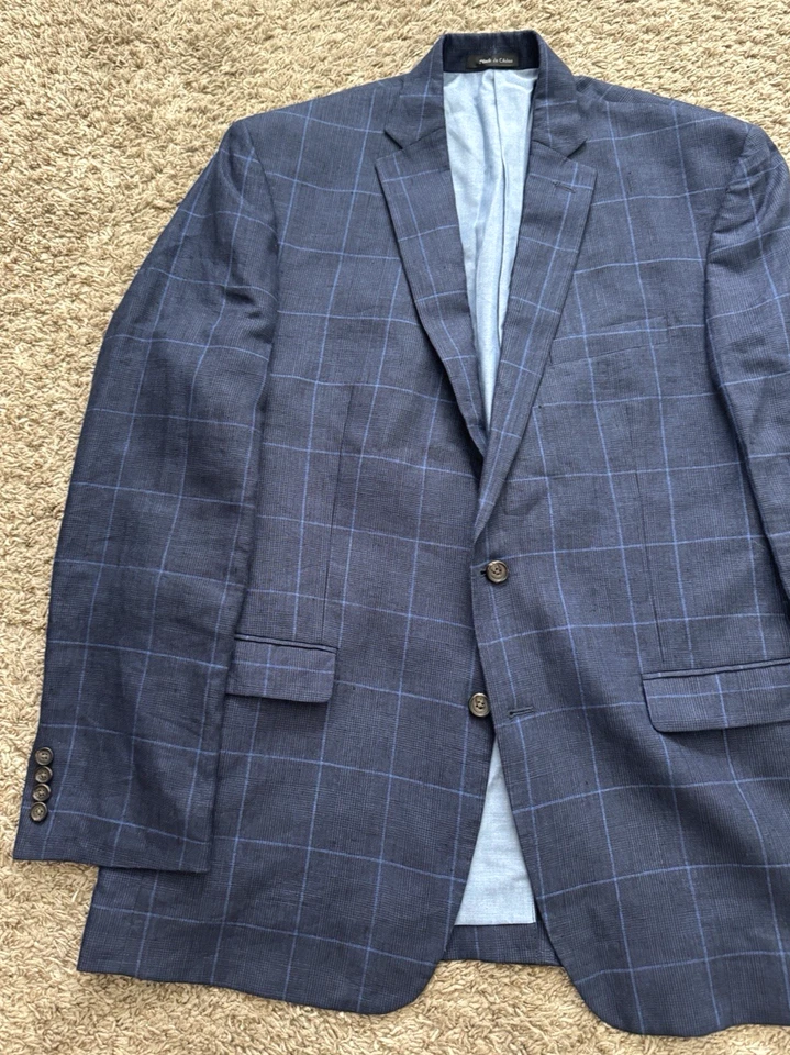 Jaqueta masculina Ralph Lauren 100% linho esporte 44XL extra longa xadrez azul escuro - Imagem 2 de 4