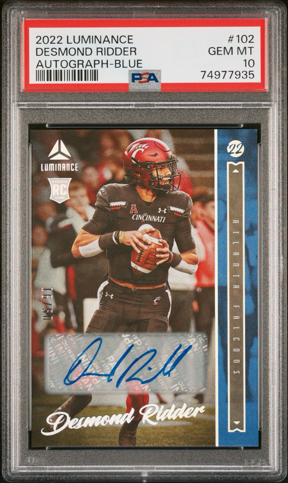 Desmond Ridder 2022 Panini Luminance Rookie Auto - Blue 16/50 #102 - PSA 10