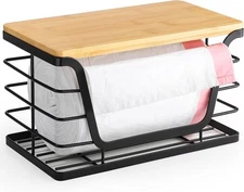 Small Trash Bag Holder with Bamboo Top, Wall Mount 1-Pack, Black 