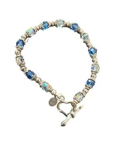 Beaded Blue & Clear Crystal Size 7 Bracelet Heart Toggle Clasp