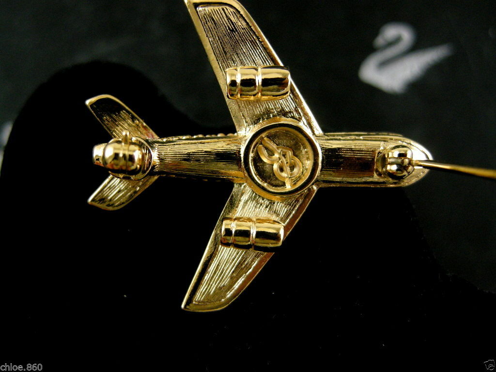 SIGNED SWAROVSKI CRYSTAL AIRPLANE PIN~BROOCH 22KT GOLD