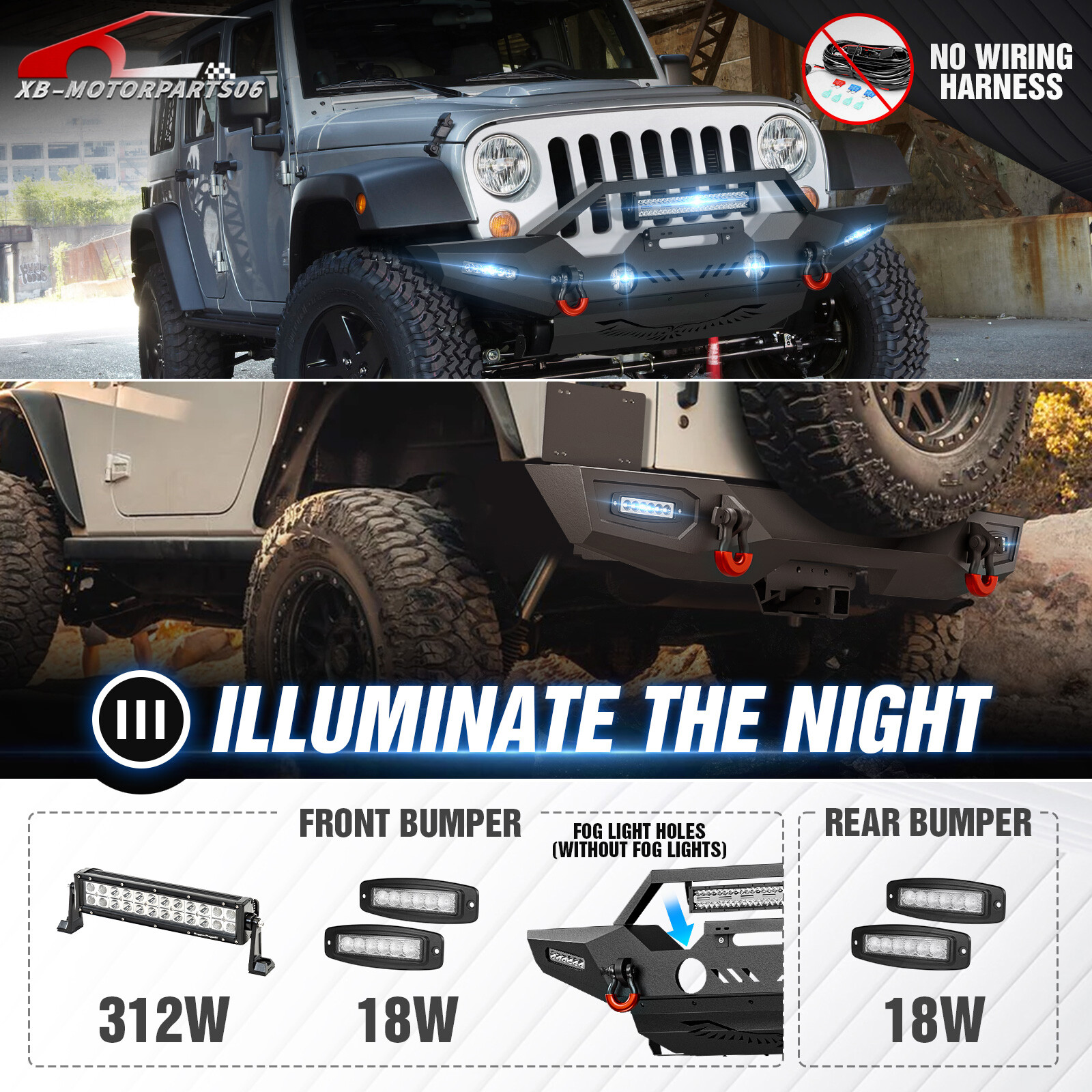 Front /Rear Bumper W/ License Plate Frame For 07-2017 2018 Jeep Wrangler JK JKU