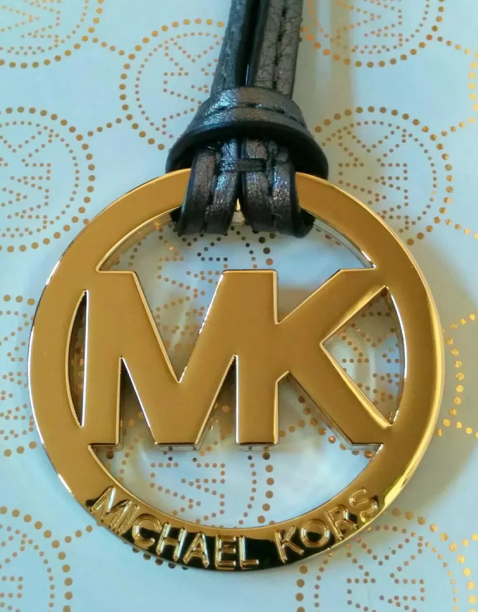 Michael Kors Gold MK Logo Charm Gun Metal Grey Leather Strap Handbag Fob Tag