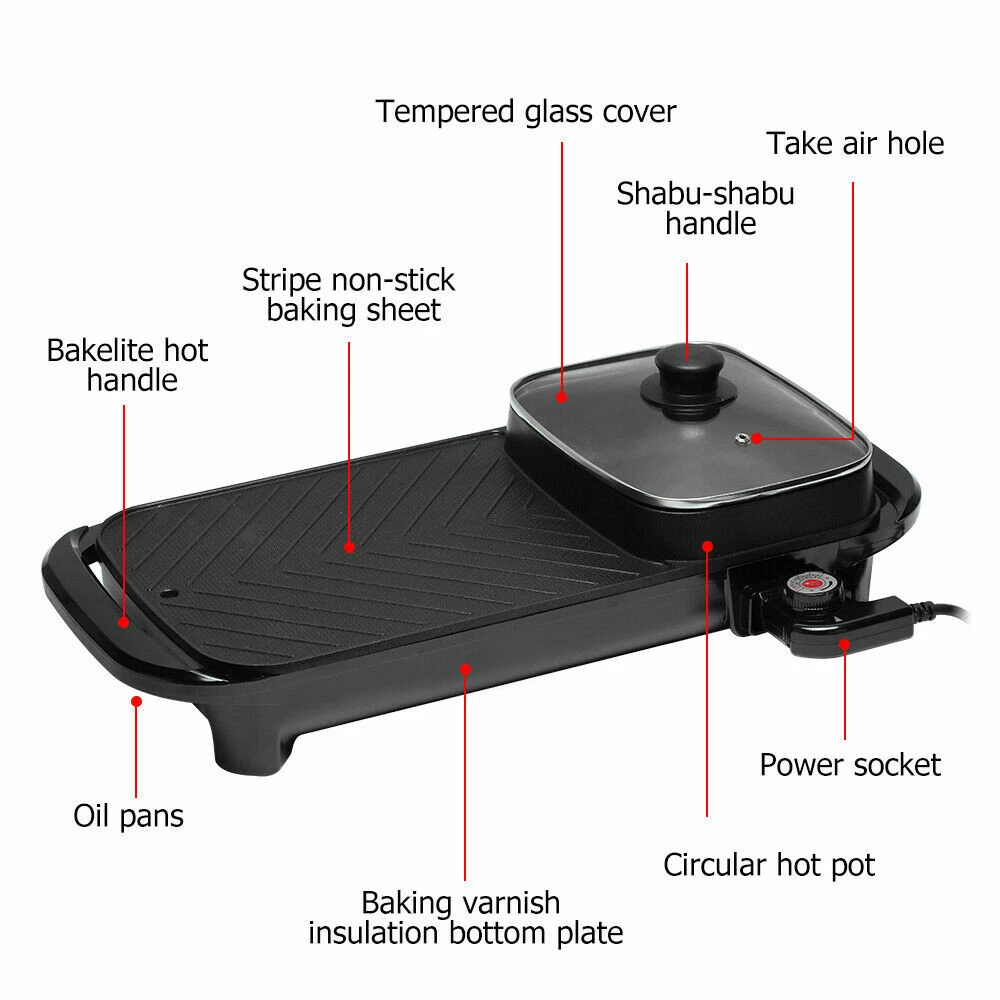 2in1 Electric Hotpot BBQ Grill Oven Smokeless Barbecue Pan Hot Pot Cooking Party - Picture 11 of 11