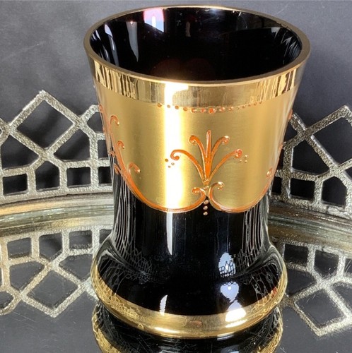 Czech Vase Purple Amethyst Enamel Applied Flowers Gold Guilt Vintage - Picture 3 of 6