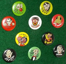 FUNNY MONSTER 10 BUTTON SET 1" repro 60s novelty SPOOK GHOUL HORROR PUN mad pins