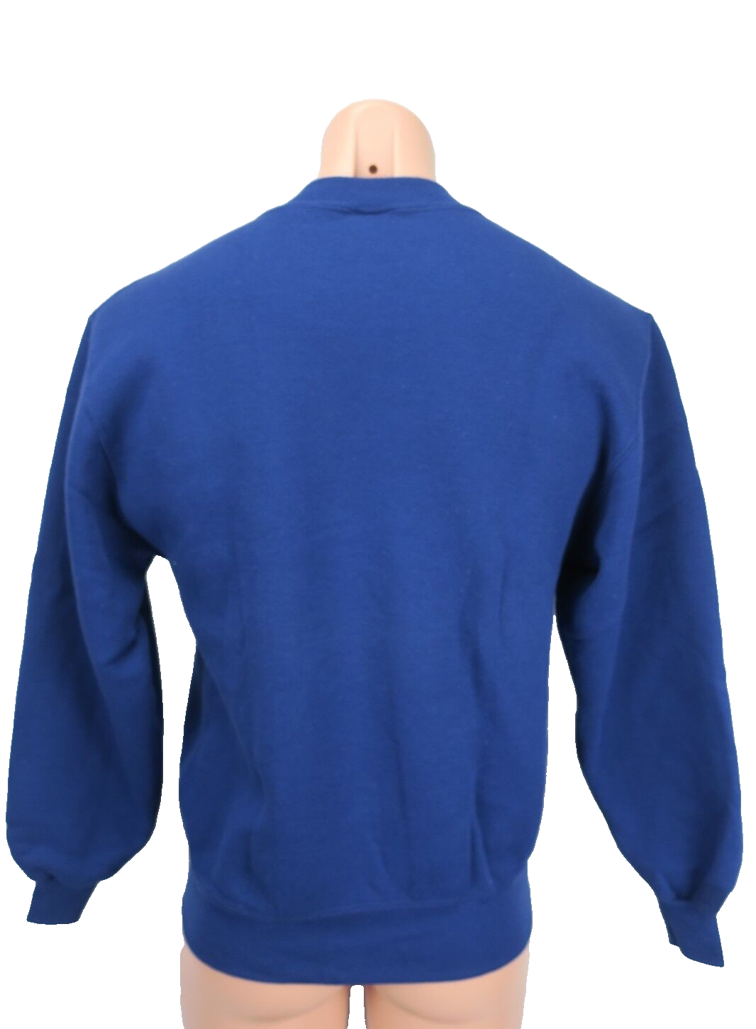 Royal blue VTG 90s Russell Athletic sweatshirt back with long sleeves and crew neckline on mannequin.