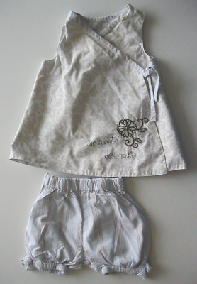 VertBaudet blau/weiß Sommerkleid + Hose mit Bindeband vorne. Alter 0 - 3 Monate.