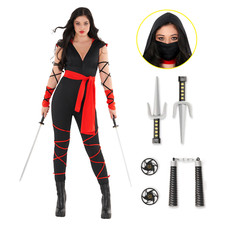 Rotes Ninja Kostüm für Damen Kriegerin Ganzkörperanzug Karneval Halloween S - XL