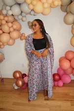 Women Kimono Set Pant Floral Pink 