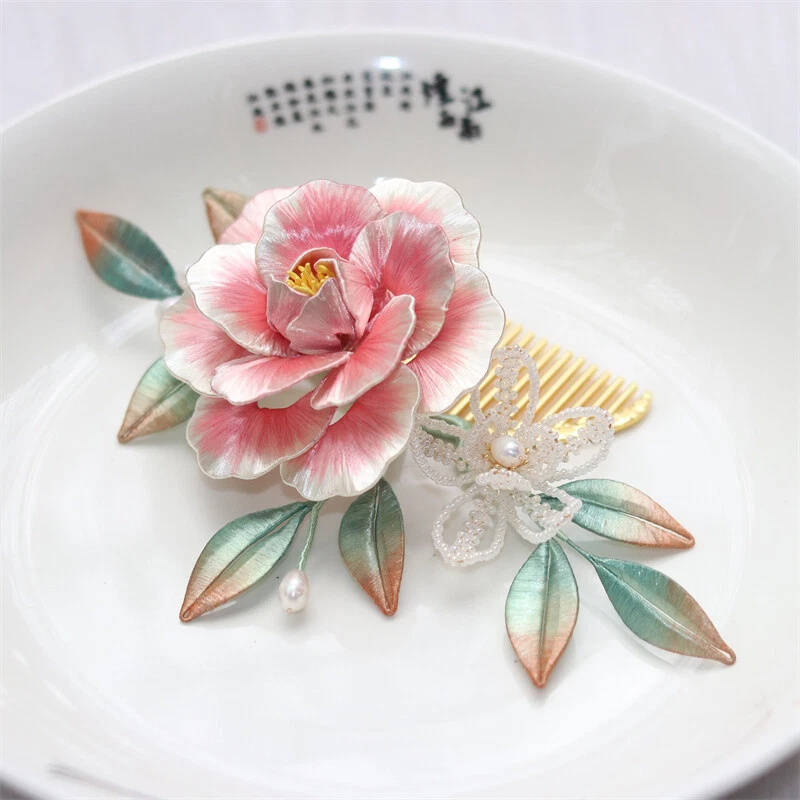 Pente de cabelo feito à mão de seda peônia grampo de cabelo quimono cânhamo cabeça de fada acessórios presente - Imagem 2 de 4