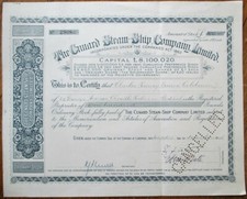 Cunard Steam Ship Co., Ltd. 1946 Stock Certificate, Steamer Steamship Ship Line