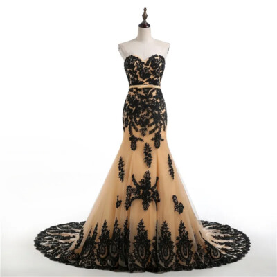 Black Gold Gothic Mermaid Wedding Dresses Sweetheart Lace Applique Bridal  Gowns | eBay