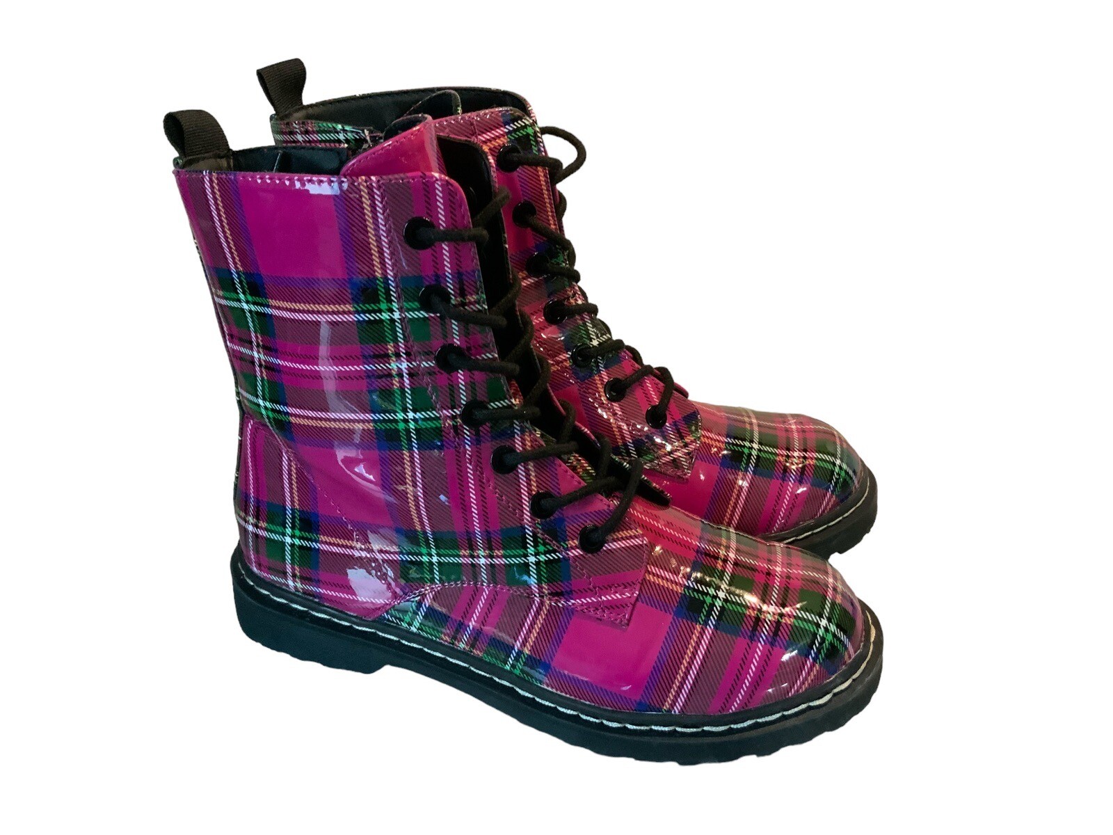 Betsey Johnson Pink Plaid Combat Boot Rain Gear Limited Edition Size 8.5