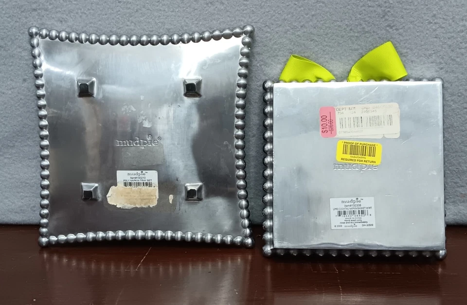 Mud Pie Crown Cocktail Napkin Metal Basket Green Ribbon Accent & Silver Tray  - Image 4 of 4