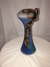 HAND MADE ART GLASS VASE AQUA BLUE METAL COATED  6