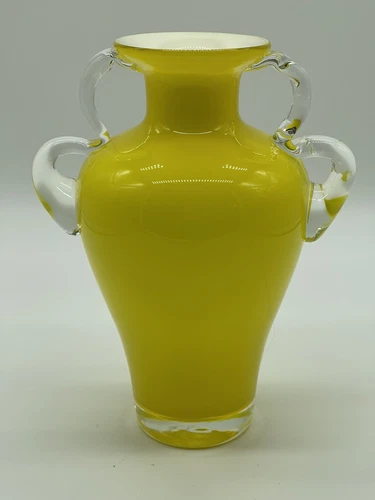 Vintage Yellow Over Milk Glass Cased Vase Applied Clear Handles With Clear Base