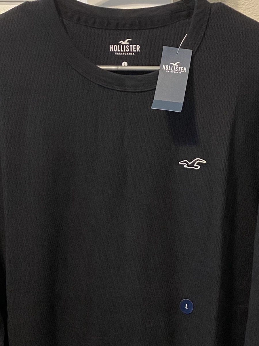 HOLLISTER MEN'S LONG SLEEVES CURVED HEM THERMAL T-SHIRT COTTON BLACK LARGE  SIZE.