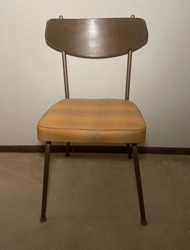 MCM Virtue Bros CA Metal Dining Chair Wood Back Butterscotch Plaid Vinyl Sparkle