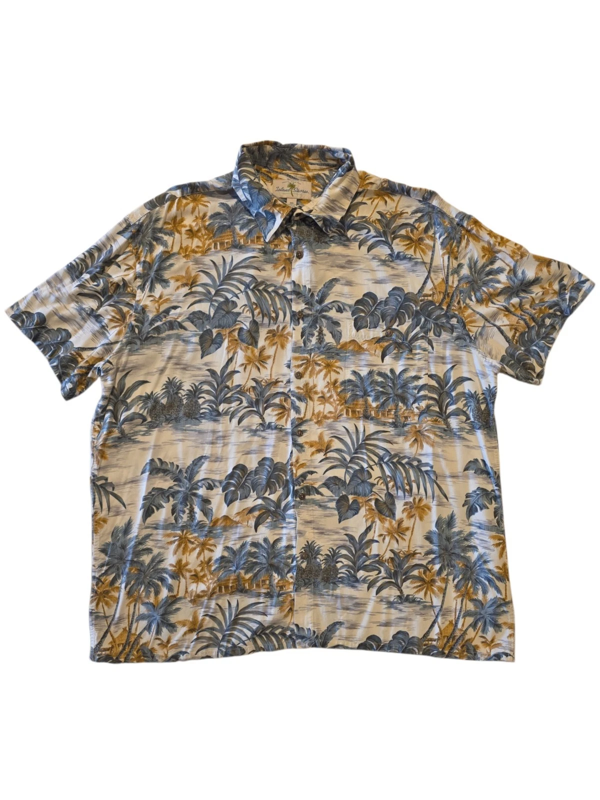 Island Shores Hawaiian Shirt Mens XXL Rayon Blue Tan Aloha Camp Shirt