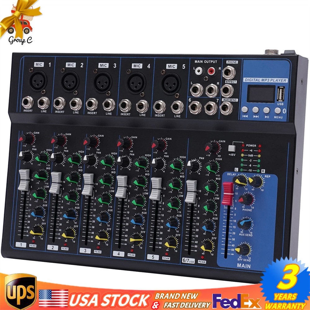 Bluetooth 7 Ch. Studio/DJ Controller Audio Mixer Console 7 Channel Mixer USB New