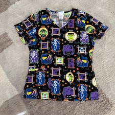 SB Scrubs Halloween Monster Print V-Neck Scrub Top Womens XS Black SB33F752 HLPT