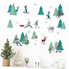 Winter Sports Wall Decals Stickers, Pine Tree Skier Snowman Reindeer Skiing