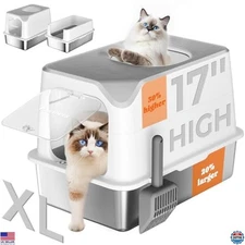 Pawtners XL Extra Large Stainless Steel Enclosed Cat Litter Box with Scoop & Lid