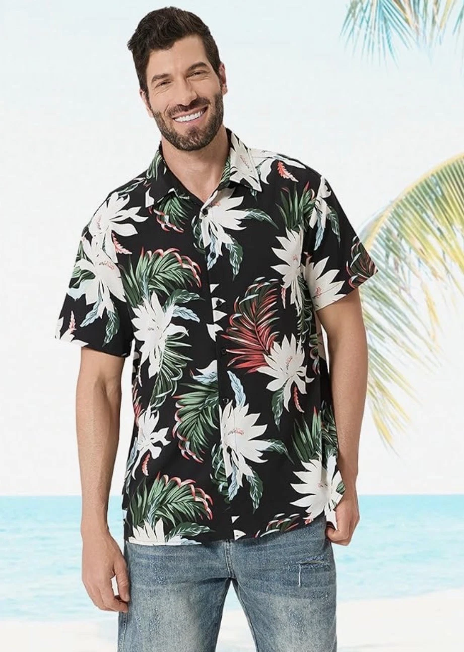 NWT PatPat Hawaiian Caribbean Tropical short sleeve shirt black Mens Large