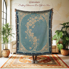 Cherry Blossom Woven Throw Blanket, Vintage Style Art Nouveau Blue