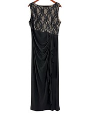 Chaps Black Maxi Dress 16 Lace Overlay Nude Illusion Cascading Cocktail Evening