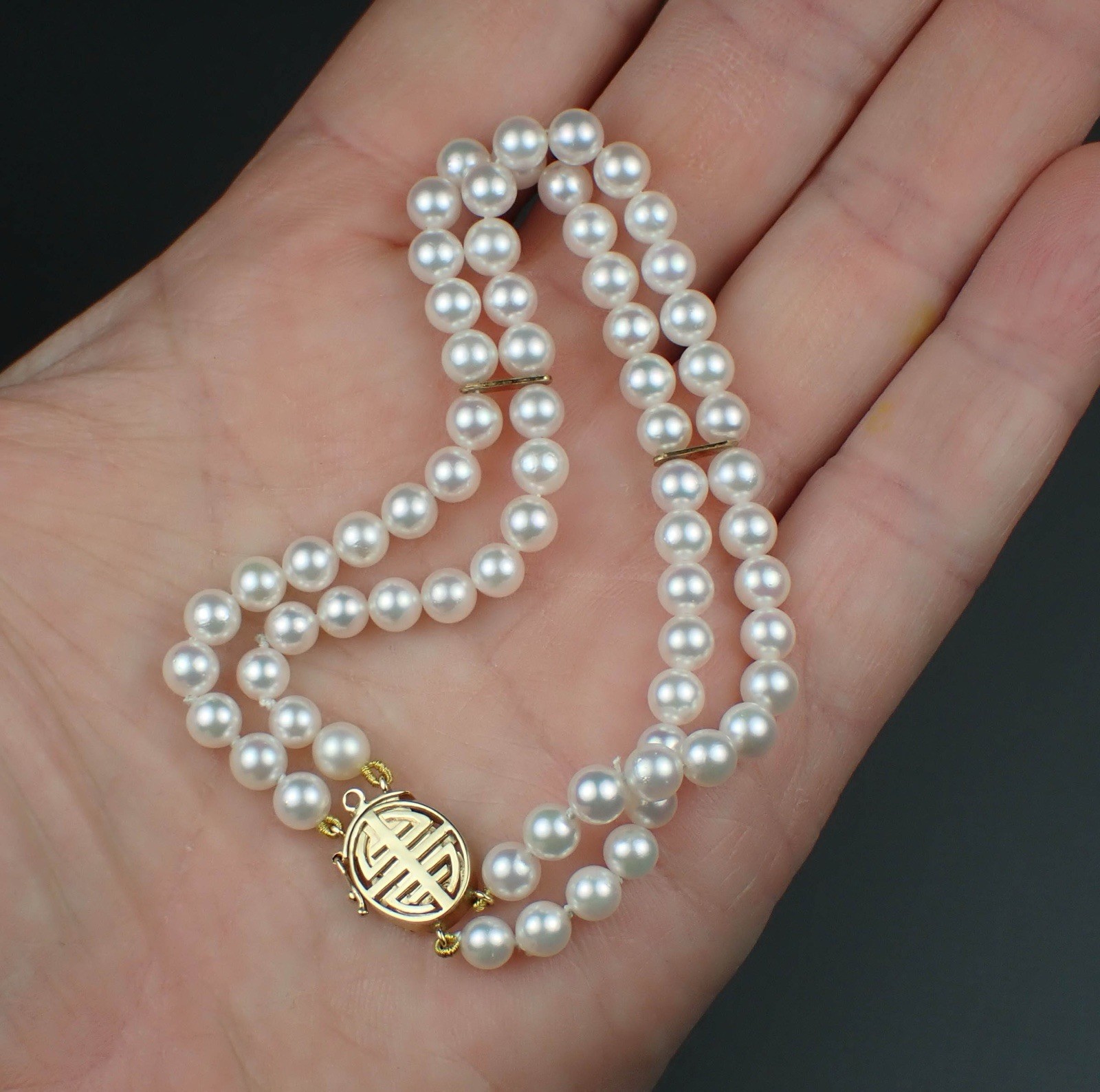 14k Solid Gold White Pearl Double Stranded 7.25 I… - image 6