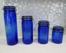 Vintage Set Of 4 Cobalt Blue 12 Panel Glass Food/Storage Canisters