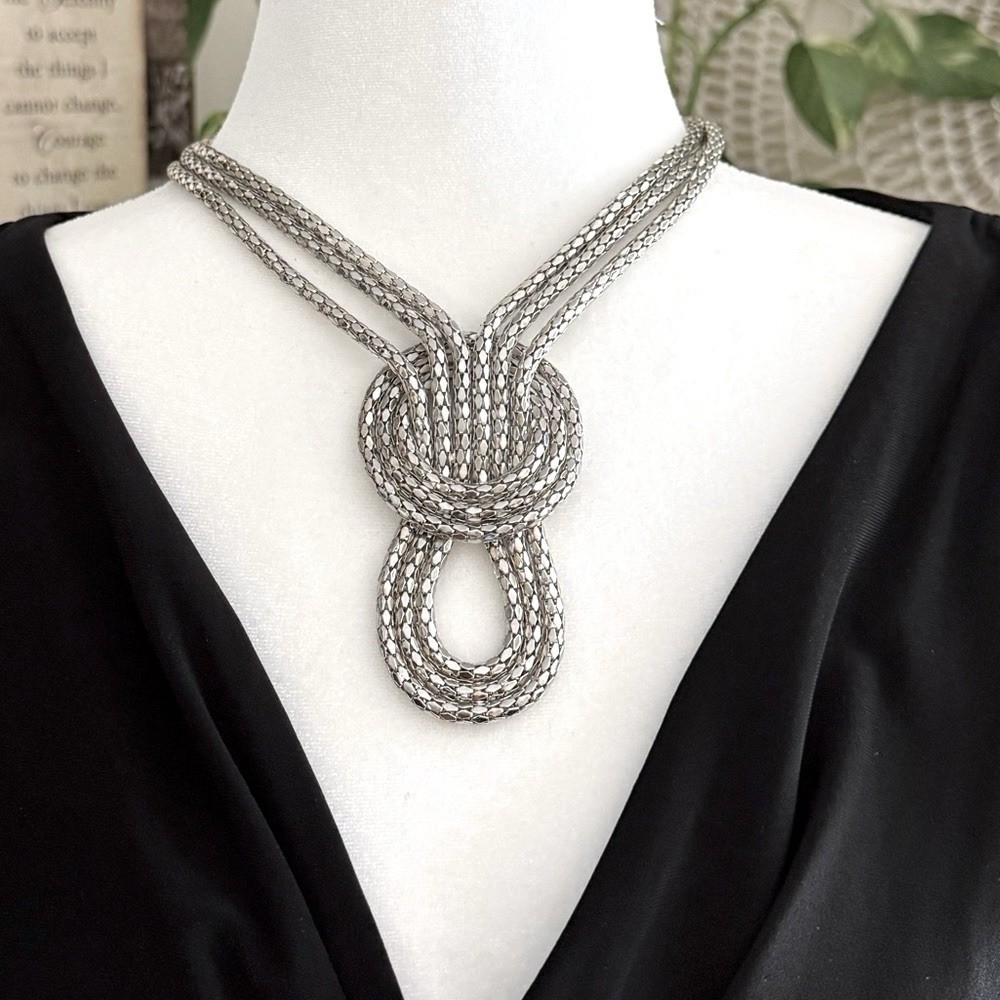 Knotted Silver Tone Multi Strand Statement Neckla… - image 1