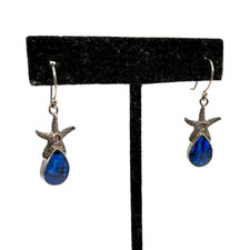 925 Sterling Silver Starfish Dangle Earrings Blue Shell Beach Coastal Nautical