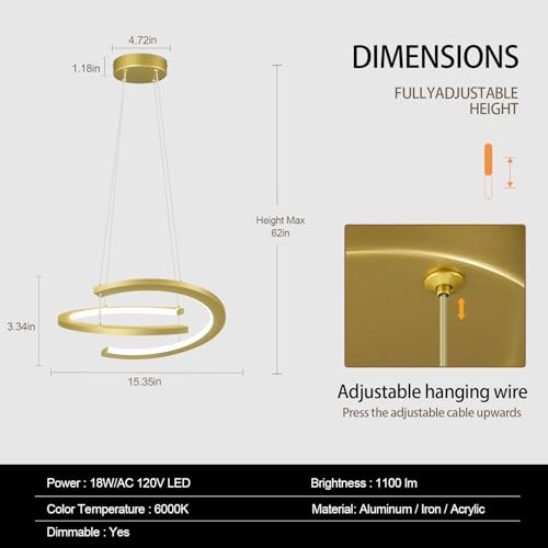 Modern LED Chandelier 15.35in Dimmable Pendant Light S- Internal glow Gold - Picture 4 of 8