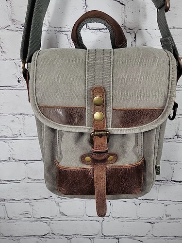 TSD Marke Canvas Leder Umhängetasche Handtasche grau/braun 10x7x3 - Bild 2 von 10