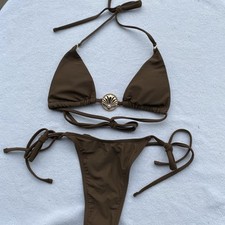 Small Dark Brown Thong Bikini With Gold Shell Accent Triangle Top Tie Bottoms