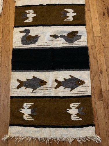 Hand -Woven Zapotec Southwestern Wool Rug Bird-Fish Motif 46in x 24in