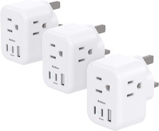 US to UK Plug Adapter 3 Pack, Type G Travel Plug with 3 Outlets 3 USB Ports 2 U