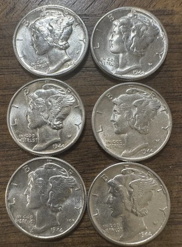 Lot Of 6  1944  Silver Mercury Dime, Brilliant Uncirculated Free Shipping