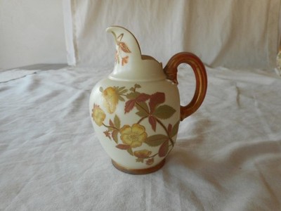 Royal Worcester FLAT BACK PITCHER Jug Yellow Pink Flowers  5 1/2'' Circa 1887