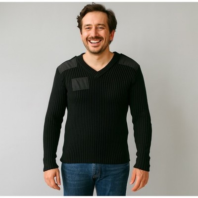 Citadel V Neck Wool Sweater Black Ribbed Knit Shoulder Patches Size 42
