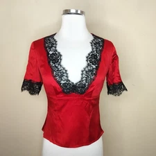 Moda International Red Silk Blouse Top Lace Trim Size XS Vampy Vixen Gothic