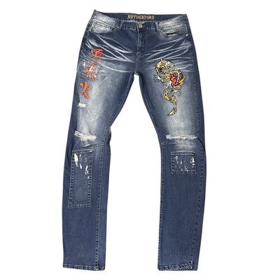 Rutherford Jeans Mens 38x33 Blue 3D Technology Arc Kanji Embroidered Slim