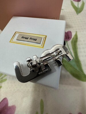 Auth MIUMIU Logo Hair Pin White Silver with Box in Japan N