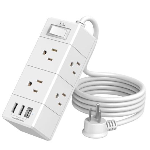 5Ft Surge Protector Power Strip -  Flat Plug Extension Cord with 6 3 USB