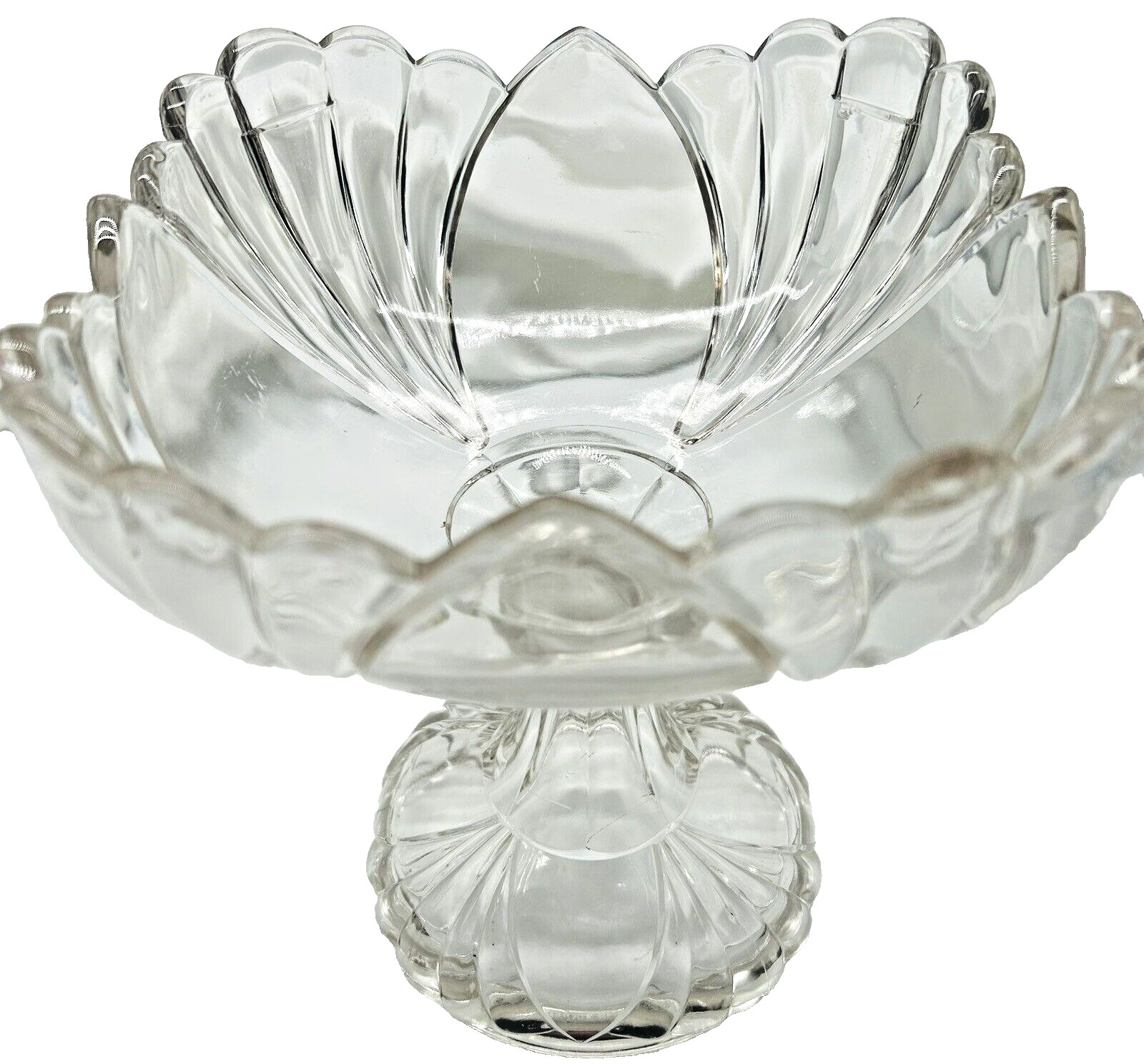 Vintage Clear Glass Pedestal Compote Candy Dish Floral Scalloped EAPG 7.5"
